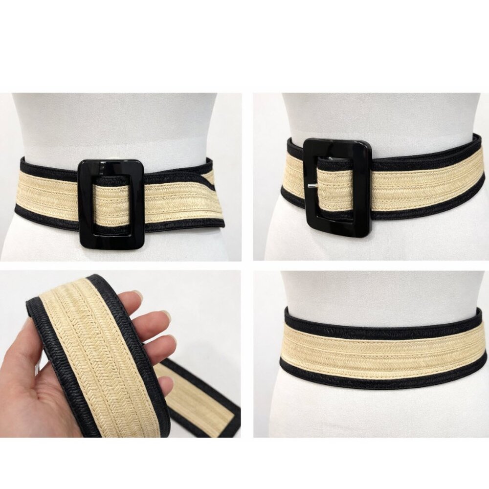 ZARA Woven Belt Black Cream Wide Stretch Statement Buckle Classic Chic
